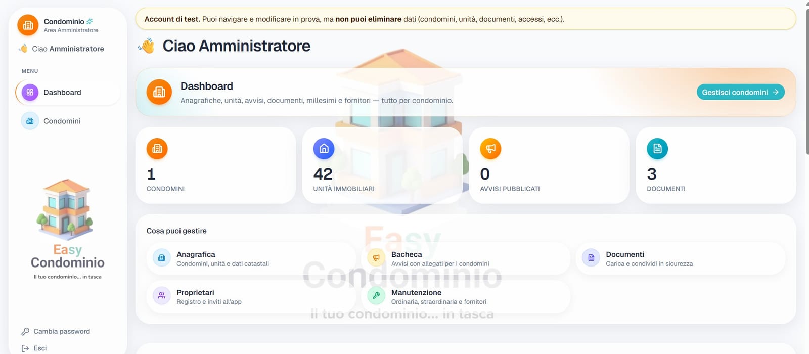 Dashboard di Easy Condominio: condomini gestiti, unità immobiliari, avvisi e documenti a colpo d'occhio